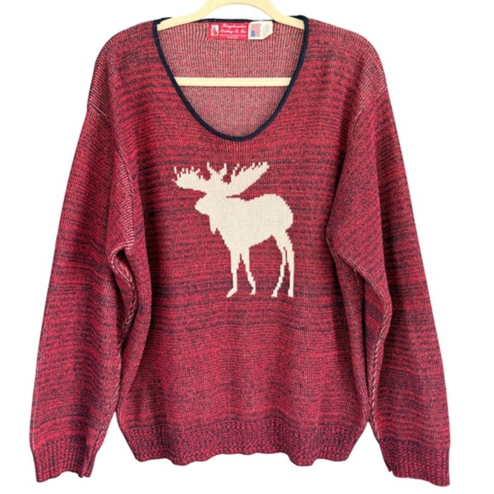 A6‎ Vintage Binghamton Knitting Co Moose Sweater Red Oversized Knitwear XL